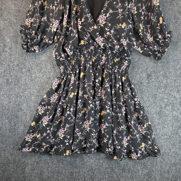 Lulus Floral Clip Dot Smocked Tiered Mini Dress XL Black Puff Sleeve Chiffon - Picture 3 of 16